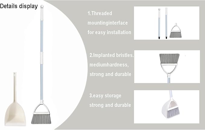 Mini Broom with Dustpan for Kids,Little Housekeeping Helper Set (White+Grey)