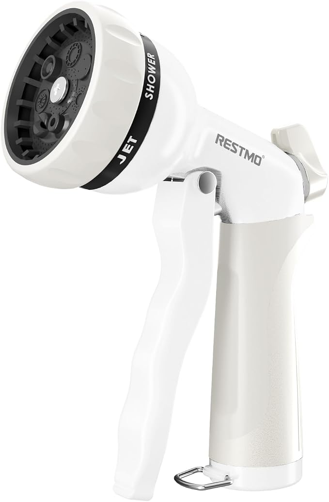 RESTMO Garden Hose Nozzle, Heavy Duty Metal Water Hose Nozzle with 7 Adjustable Spray Patterns, High Pressure Hand Sprayer with Flow Control, Best for Watering Plant & Lawn, Washing Car & Pet, White