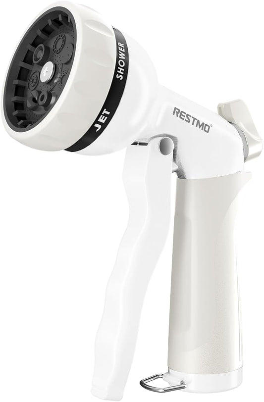 RESTMO Garden Hose Nozzle, Heavy Duty Metal Water Hose Nozzle with 7 Adjustable Spray Patterns, High Pressure Hand Sprayer with Flow Control, Best for Watering Plant & Lawn, Washing Car & Pet, White