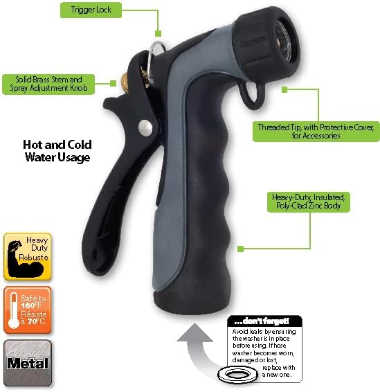 Melnor 65144AMZ Hot Water Hose Nozzle with Adjustable Spray Pattern, Metal Core, Insulated Grip, 160°F Rated, High Pressure Spray, Quick Connect Bundle, Black, Gray | Adjustable Spray Pattern, Metal Core, Insulated Grip, 160°F Rated, High Pressure Spra...