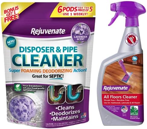 Rejuvenate Garbage Disposal and Drain Pipe Cleaner Pods Powerful Foaming Action and Removes Garbage Disposal Smells 6 Unit Pack Lavender Scent w High Performance All-Floors Cleaner