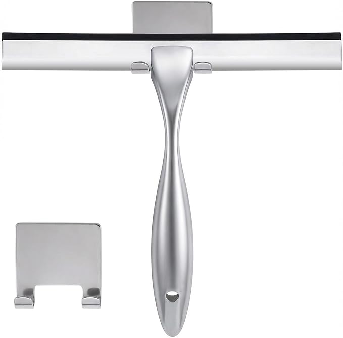 NETANY Shower Squeegee, 12-Inch Silver Squeegee, All-Purpose Stainless Steel Squeegee for Bathroom, Shower Doors, Mirrors, Tiles and Car Windows - 100% Streak Free