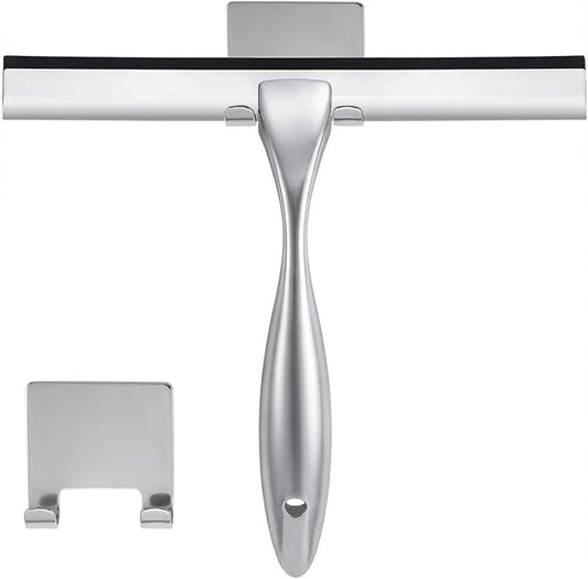 NETANY Shower Squeegee, 14-Inch Silver Squeegee, All-Purpose Stainless Steel Squeegee for Bathroom, Shower Doors, Mirrors, Tiles and Car Windows - 100% Streak Free