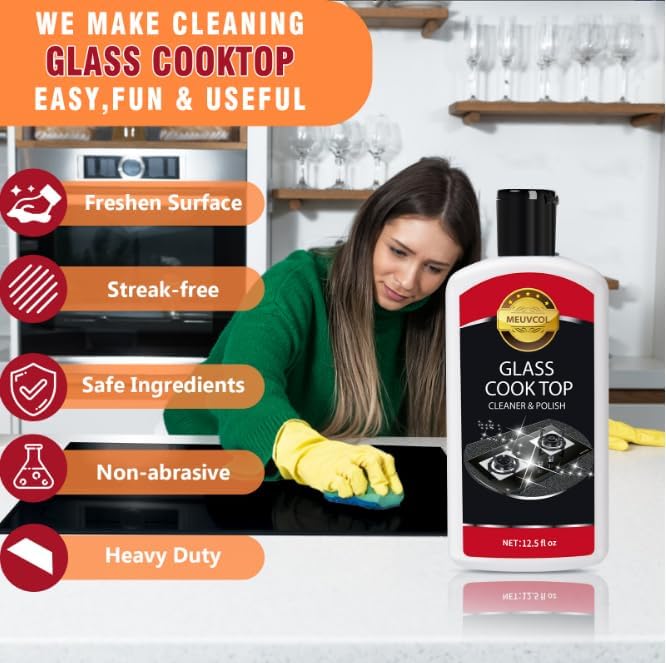 Meuvcol Glass Stove Top Cleaner Kit, 12 Oz Glass Cooktop Cleaner Non-Abrasive, Stove Oven Cleaner & Polish For Ceramic, Electric, Induction, Flat Top Stovetop, Gas - With Scrubbing Pad, Scraper, Cloth