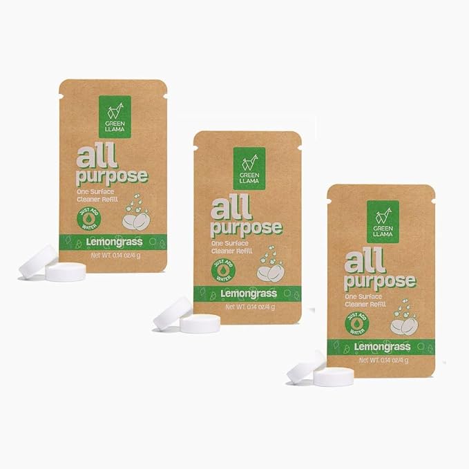 Green Llama Eco-Friendly and Sustainable All-Purpose Refill Tablets | 3-Pack | Lemon Grass Scent | Natural Cleaning Solution for Home with Certified Compostable Packaging