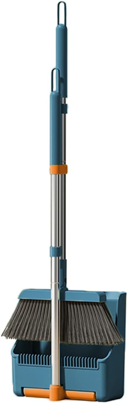 30'' Broom and Dustpan Set for Home with Scraping Teeth and Scraper, 180° Rotatable Long Handle Broom with Stand Up Dustpan Combo Set for Office Home Kitchen Lobby Floor, House Warming Gifts (Blue)