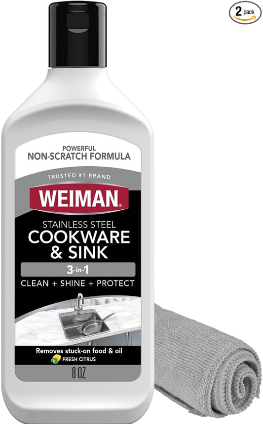 Weiman Stainless Steel Sink and Cookware Cleaner and Polish with Microfiber Cloth - 8 Ounce