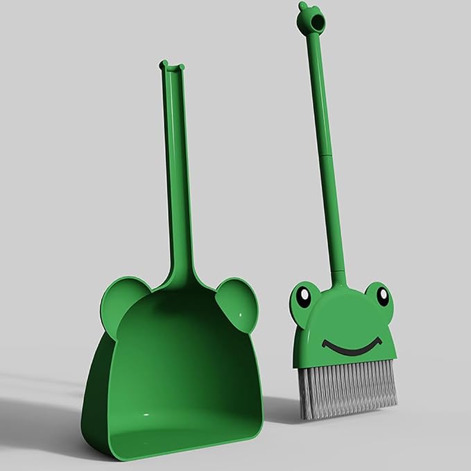 Mini Broom with Dustpan for Boy I Kids Small Cleaning Set Combo Pretend Play I Toddler Kitchen Dress Up Toys–Frog Green
