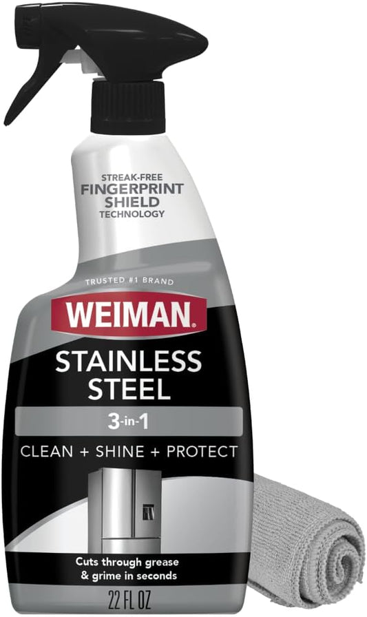 Weiman Stainless Steel Cleaner & Polish, Anti Fingerprint Spray Stainless Steel Cloth, Water Spots & Grease, No Streaks or Residue, Safe for Metal Polish, Chrome, Appliances, Fridge, Sinks & Grills