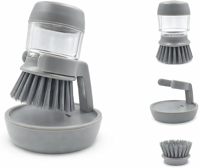 Soap Dispensing Dish Brush with Holder – Leakproof Kitchen Scrubber Brush with Soap Dispenser, Palm Grip Dish Cleaning Brush for Pots, Pans, Sink & Dishes – Gray