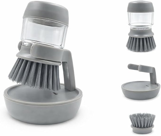 Soap Dispensing Dish Brush with Holder – Leakproof Kitchen Scrubber Brush with Soap Dispenser, Palm Grip Dish Cleaning Brush for Pots, Pans, Sink & Dishes – Gray