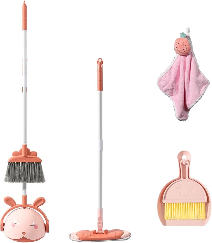 Midoneat Kids Cleaning Toy Set, Mini Child Broom, Mop and Dustpan, Little Housekeeping Helper Set ,Pretend Home Cleaning Play Set for Toddler Height 75-115cm ,6pcs (Pink)