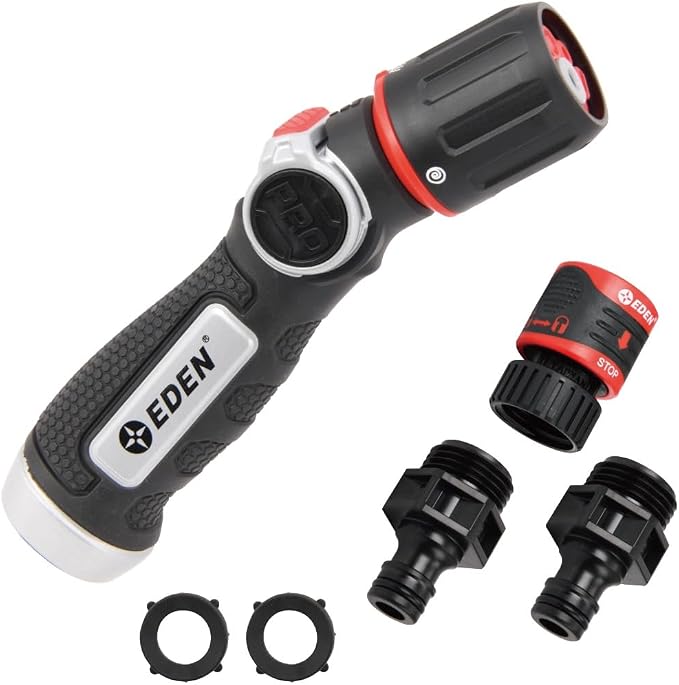 Eden PRO 96845 Metal Thumb-Control Straight 4-Pattern Turbo Nozzle | Heavy-Duty Hose Sprayer for Garden, Lawn, Plants, Outdoor Cleaning, Durable Aluminum Core, Quick Connect Set Bundle