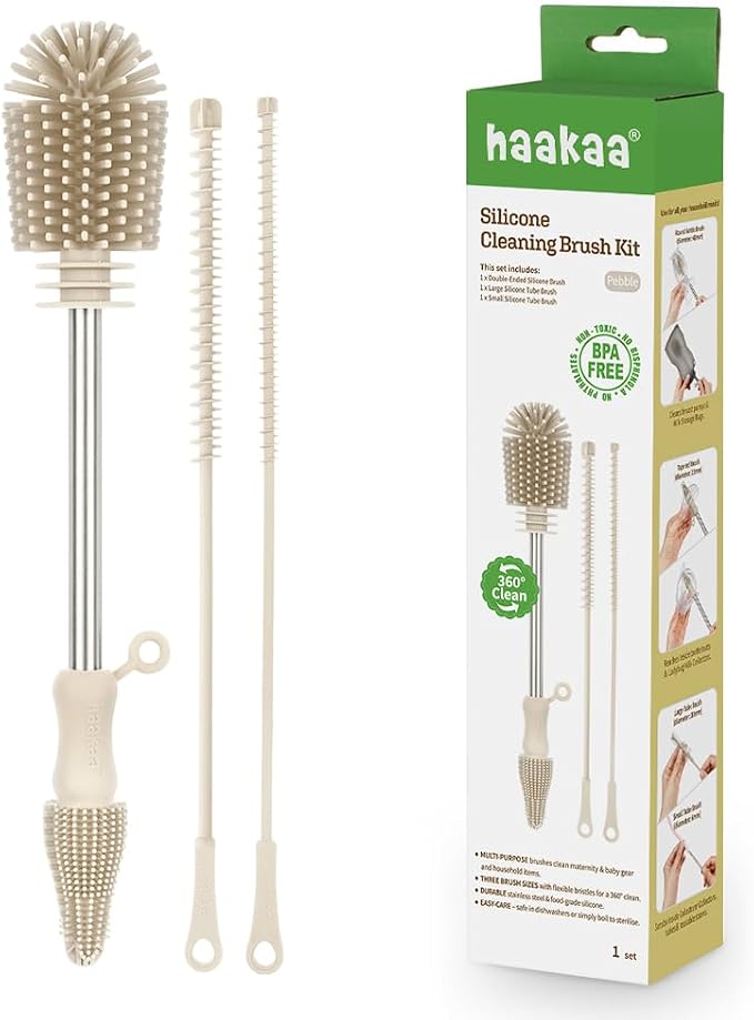 Haakaa Silicone Cleaning Brush Kit – Household Cleaning Brushes for Bottles and Crevices – Food-Grade Silicone: Dishwasher Safe (Kit-Pebble)