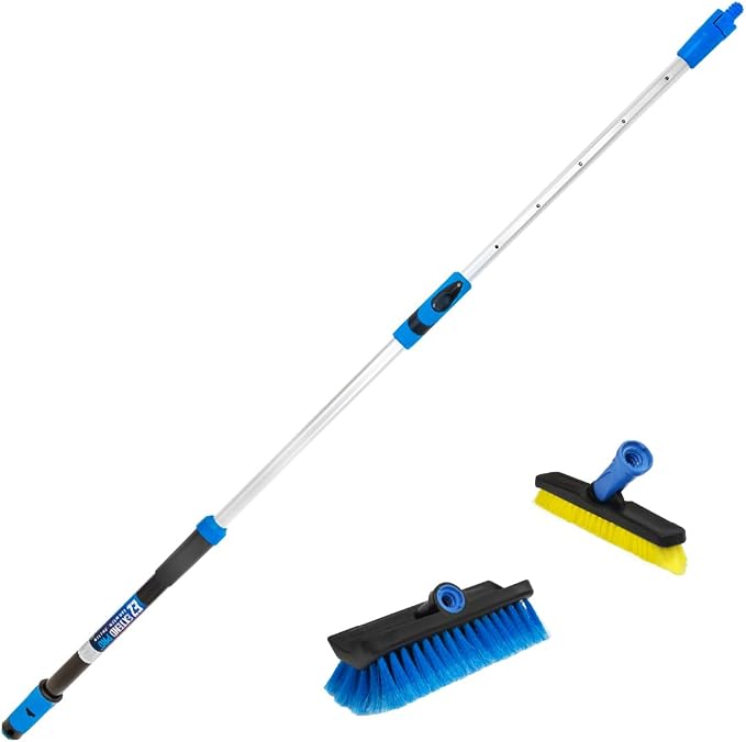 Unger Professional Lock-On Multi-Angle Wash Brush, Grout Brush and EZ Extend Pro Telescopic Pole for Outdoor Cleaning, Adjustable 5 FT Pole Extends Reach