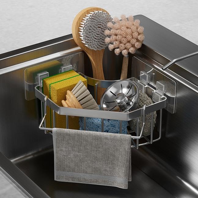 Sink Organizer, Silver Stainless Steel Sponge Holder with Towel Bar, Self-Adhesive Kitchen Storage Rack，Suitable for right-angle sinks