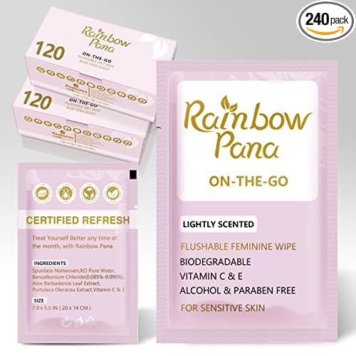 RainbowPana Feminine Wipes, 240 Count ON-THE-GO Individually Wrapped | Flushable Wipes, Travel Wipes for Women, Aloe, Portulaca, Vitamin E | pH Balanced