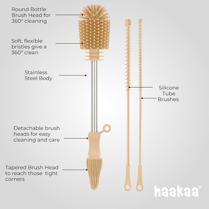 Haakaa Silicone Cleaning Brush Kit – Household Cleaning Brushes for Bottles and Crevices – Food-Grade Silicone: Dishwasher Safe (Brush-Champagne)