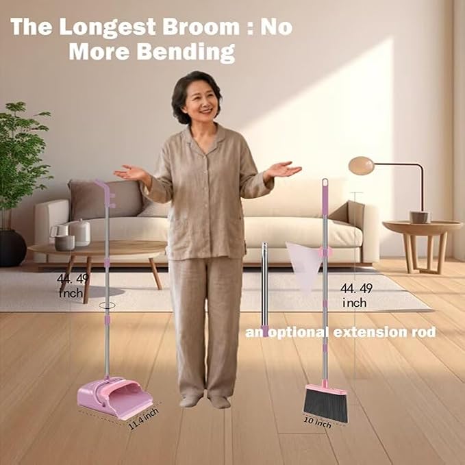 Upright Broom and Dustpan Set - Long Handle for No-Bending Comfort, 3 Rows Dense Bristles for Deep Sweeping, Suitable for Home, Office, Kitchen, Lobby, Shop, Indoor & Outdoor Spaces, Pink & Purple