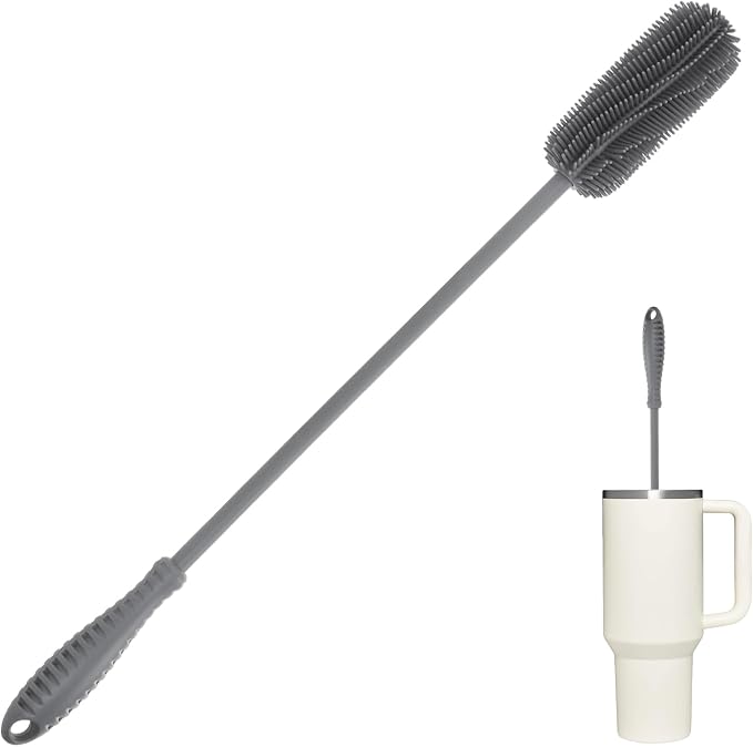 15.7" Silicone Bottle Brush, ddLUCK Water Bottle Cleaner Brush for Stanley, Hydroflasks, Glass, Thermos Sports Bottle, Vase and Glassware, Bottle Brush Cleaner for Small Narrow Neck Containers (Gray)