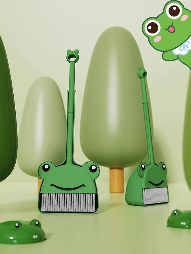 Mini Broom with Dustpan for Boy I Kids Small Cleaning Set Combo Pretend Play I Toddler Kitchen Dress Up Toys–Frog Green