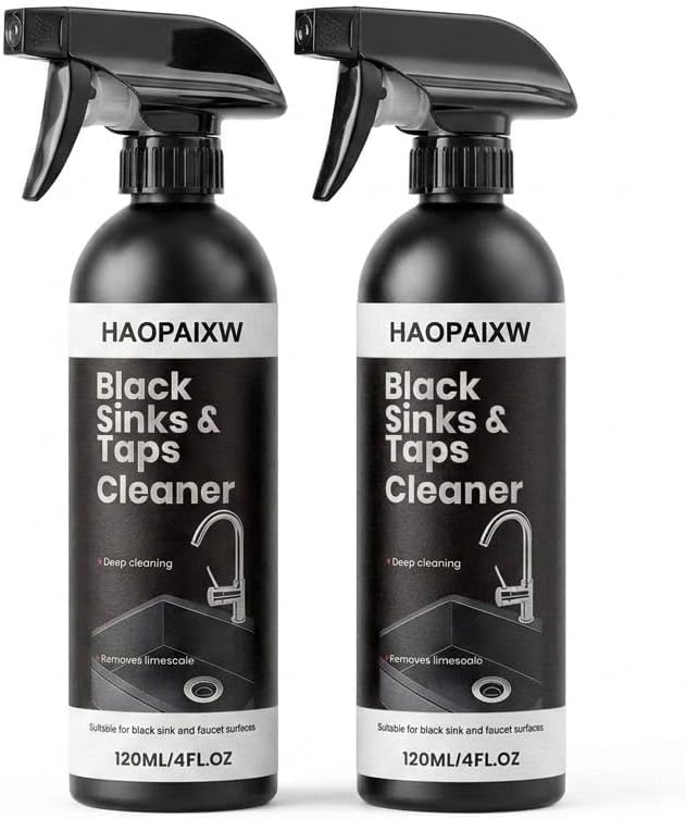 Premium Black Sink and Tap Cleaner Spray (120ml), Hard Water Stain & Limescale Remover for Matte Black Bathroom Faucets and Hardware, Gentle Descaler and Soap Scum Cleaner, Low Odor
