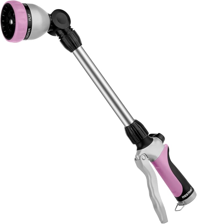 RESTMO Heavy Duty Metal Hose Wand, Watering Wand for Garden Hose | 180° Swivel Ratcheting Head, 16'' Hose Sprayer, 7 Spray Patterns, Flow Control, Ideal for Hanging Baskets & Shrubs, Pink