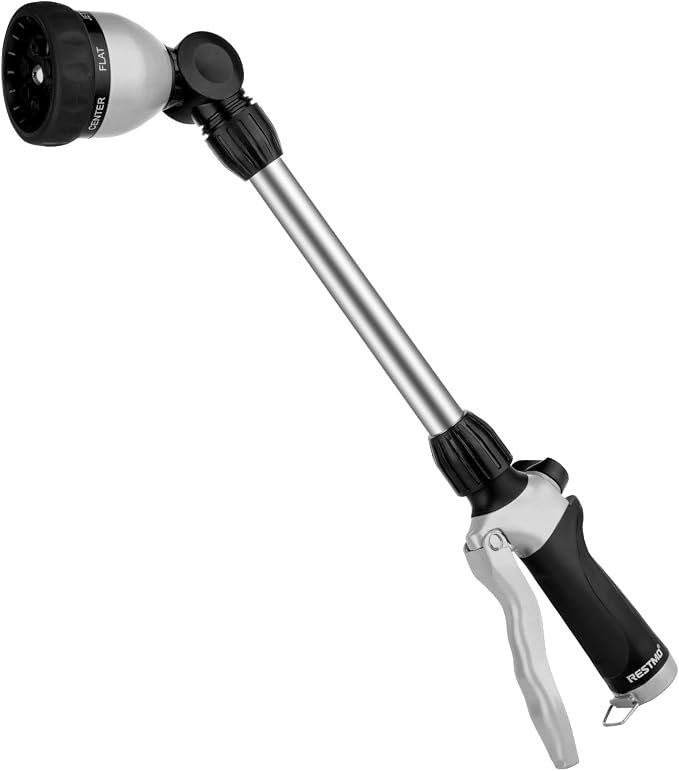 RESTMO Heavy Duty Metal Hose Wand, Watering Wand for Garden Hose | 180° Swivel Ratcheting Head, 16'' Hose Sprayer, 7 Spray Patterns, Flow Control, Ideal for Hanging Baskets & Shrubs, Black