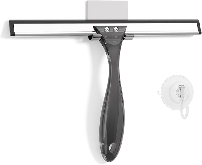 AmazerBath Shower Squeegee for Glass Doors, All-Purpose Squeegee with Suction Hook & Adhesive Hook, Squeegee for Shower Glass, Windows, Mirrors, Tiles and Car Windows - 10 Inches, Clear Black