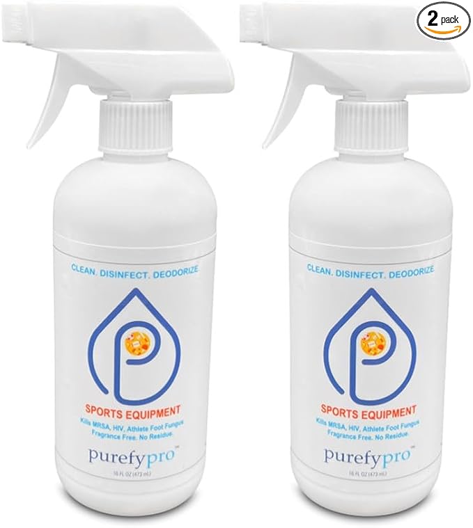 Purefypro Sports Equipment Disinfectant Spray (16oz, 2pk) Kills 99.9999% MRSA, HIV, Athlete Foot Fungus, Virus, Fungi. No Residue. Great For Sports Pads, Yoga Mats, Shoes, Boxing Gloves, Gym Equipment