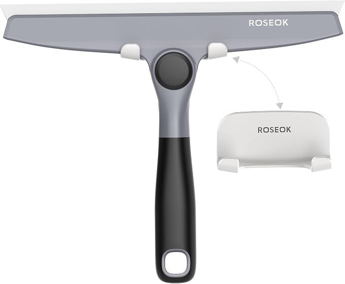 ROSEOK Shower Squeegee, Silicone Squeegee for Glass Doors with Hook | For Bathroom, Window, Mirror, Tile Wall, Pivoting Head, 10 Inch, Black, 1 Pack