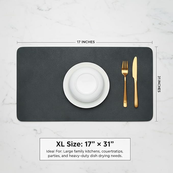 Dish Drying Mat Super Absorbent – 17" x 31" Coffee Mat for Countertops – Non-Slip Drying Mat for Kitchen Counter – Easy to Clean Water Absorbent Mat – XLarge Dish Drying Mats (Dark Gray)