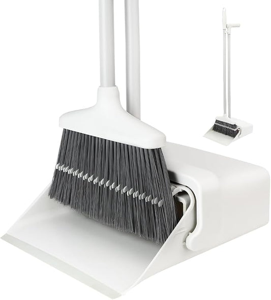 CQT Broom and Dustpan Set with Handle, Brush and Dustpan Set for Home Kitchen Cleaner Floor Sweeping Upright Stand Up Dust pan Cleans Combo (White)