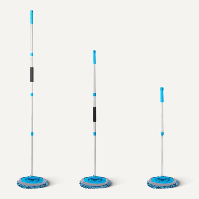 Amazon Basics Car Wash Brush with Long Handle, Scratch-Free Microfiber Mop Mitt, Swivel Head, Detachable Head, Extends to 62 inches with 4 Poles, for Car RV Truck, Blue