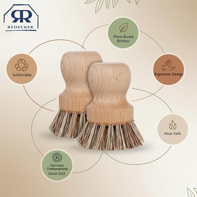 Redecker Pot Brush, Union Fiber, 2-Pack Heavy Duty Scrub Brushes for Pots, Cast Iron & Baked-On Residue, Beechwood, 2.6-Inch Round, Made in Germany