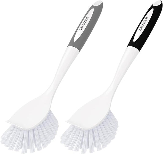 Amazer Dish Brush, 2 Pack Dish Scrubber with Handle, Kitchen Dishes Brushes, Scrub Brush with Stiff Bristles for Cleaning, Sink, Pots, Pans