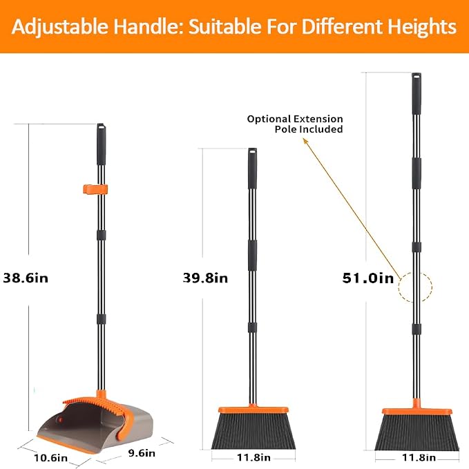 2-Pack is More economical,Upgraded Broom and Dustpan,with 52" Long Handle, Dustpan Teeth with self-Cleaning Function, Indoor and Outdoor Sweeping, Perfect for Home Office (Large Size/Orange /2-Pack)