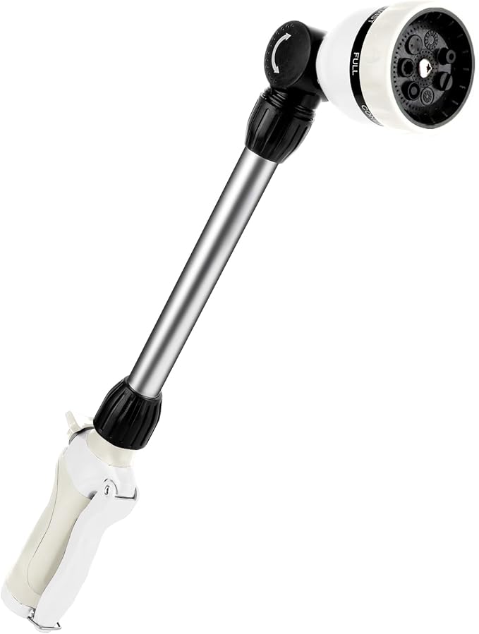 RESTMO Heavy Duty Metal Hose Wand, Watering Wand for Garden Hose | 180° Swivel Ratcheting Head, 16'' Hose Sprayer, 7 Spray Patterns, Flow Control, Ideal for Hanging Baskets & Shrubs, White