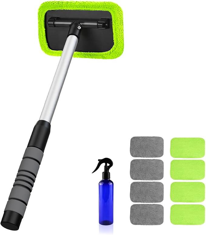 XINDELL Interior Windshield Cleaner Tool – Car Window Cleaning Tool Extendable Handle for Easy Cleaning, 9pcs Reusable Microfiber Pads, Streak-Free Interior & Exterior Auto Glass Cleaner