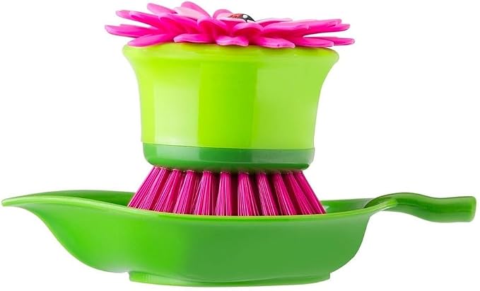 Vigar Flower Power Palm Dish Scrub Brush with Holder, Kitchen Scrub Brush for Dishes, Dish Scrubber, Sink Brush, Dishwashing Brush and Vegetable Scrubber for Household Cleaning - Pink, Green