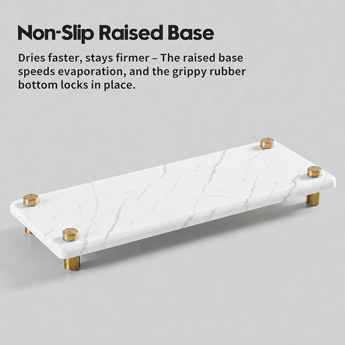 White Marble Pattern Style Water Absorbing Stone Sink Caddy, Bathroom & Kitchen Counter Organizer Tray, Faucet Drying Mat Soap Dish Rack Riser Dispenser Sponge Holder, Gold Metal Feet, 10" x 4"