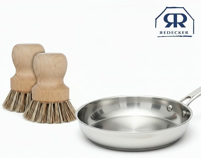 Redecker Pot Brush, Union Fiber, 2-Pack Heavy Duty Scrub Brushes for Pots, Cast Iron & Baked-On Residue, Beechwood, 2.6-Inch Round, Made in Germany