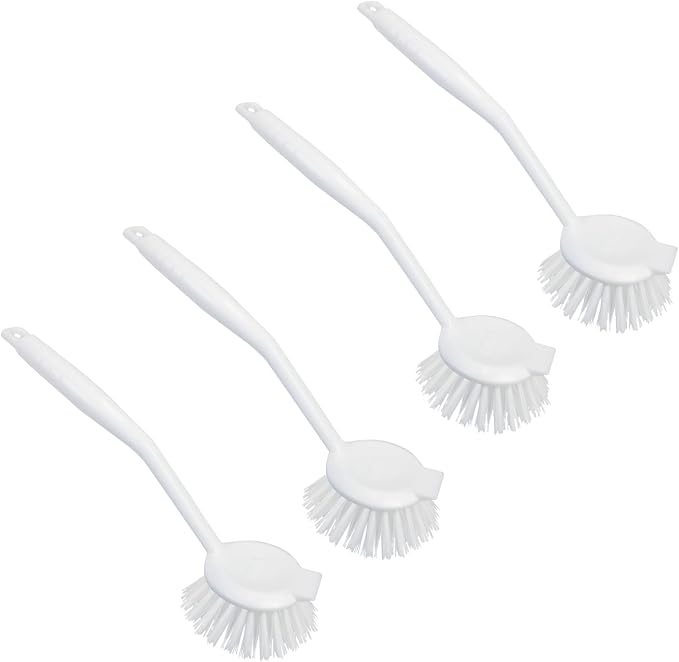 LOLA Dish Brush w/Scraper, 4 Pack, Durable Fiber Non-Scratch Bristles, Ergonomic Non-Slip Grip Handle, for Baked-on & Caked-on Messes