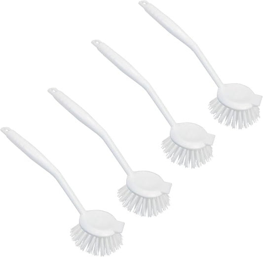 LOLA Dish Brush w/Scraper, 4 Pack, Durable Fiber Non-Scratch Bristles, Ergonomic Non-Slip Grip Handle, for Baked-on & Caked-on Messes