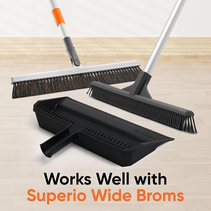 Superio 2-Pack Wide Plastic Dustpan with Comb - 16" Wide, Rubber Lip, Broom Handle Clip, Black