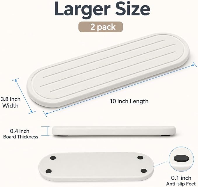 Razborci 2PCS Water Absorbing Stone Drying Tray Mat for Bathroom Sink & Kitchen Counter Faucet Organizer Decor, Quick Dry Dish Soap Dispenser Sponge Holder, Vanity Sink Caddy Coaster,White -10"*3.8"
