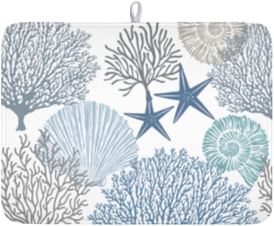 Blue Coral Dish Drying Mat 18x24 Inch Absorbent Reversible Summer Beach Drying Mat Nautical Coastal Starfish Dish Drying Rack Mat Ocean Themed Dish Drainer Mat for Kitchen Counter Coffee Bar