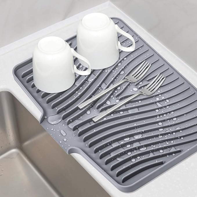 TIKNIK Silicone Dish Drying Mat for Kitchen Counter - Heat Resistant & Non-Slip Dish Drain Pad with Built-In Drain, Dishwasher Safe, Quick-Dry, Hangable & Roll-Up for Storage, Grey-1pcs, 16" x 12"