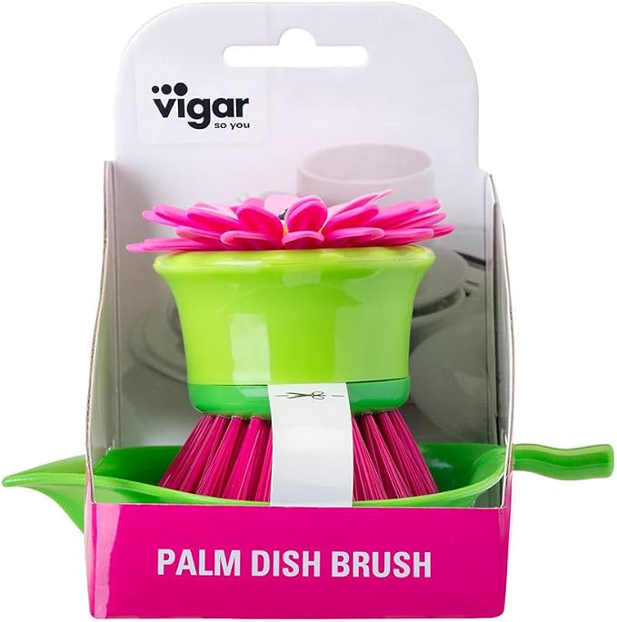 Vigar Flower Power Palm Dish Scrub Brush with Holder, Kitchen Scrub Brush for Dishes, Dish Scrubber, Sink Brush, Dishwashing Brush and Vegetable Scrubber for Household Cleaning - Pink, Green