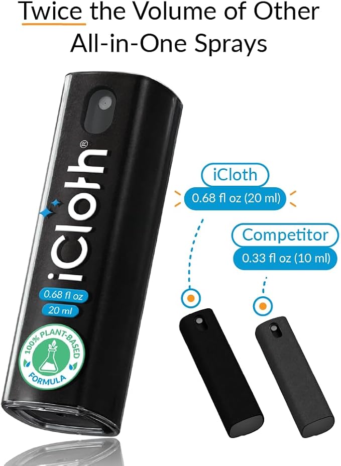 6X iCloth 2-in-1 Screen Cleaner Spray & Microfiber Cloth for Laptops, Tablets, Phones, Car Screens & Touchscreens, Streak-Free & Anti-Smudge, Large 0.68 fl oz (20ml) Bottles for Family Use